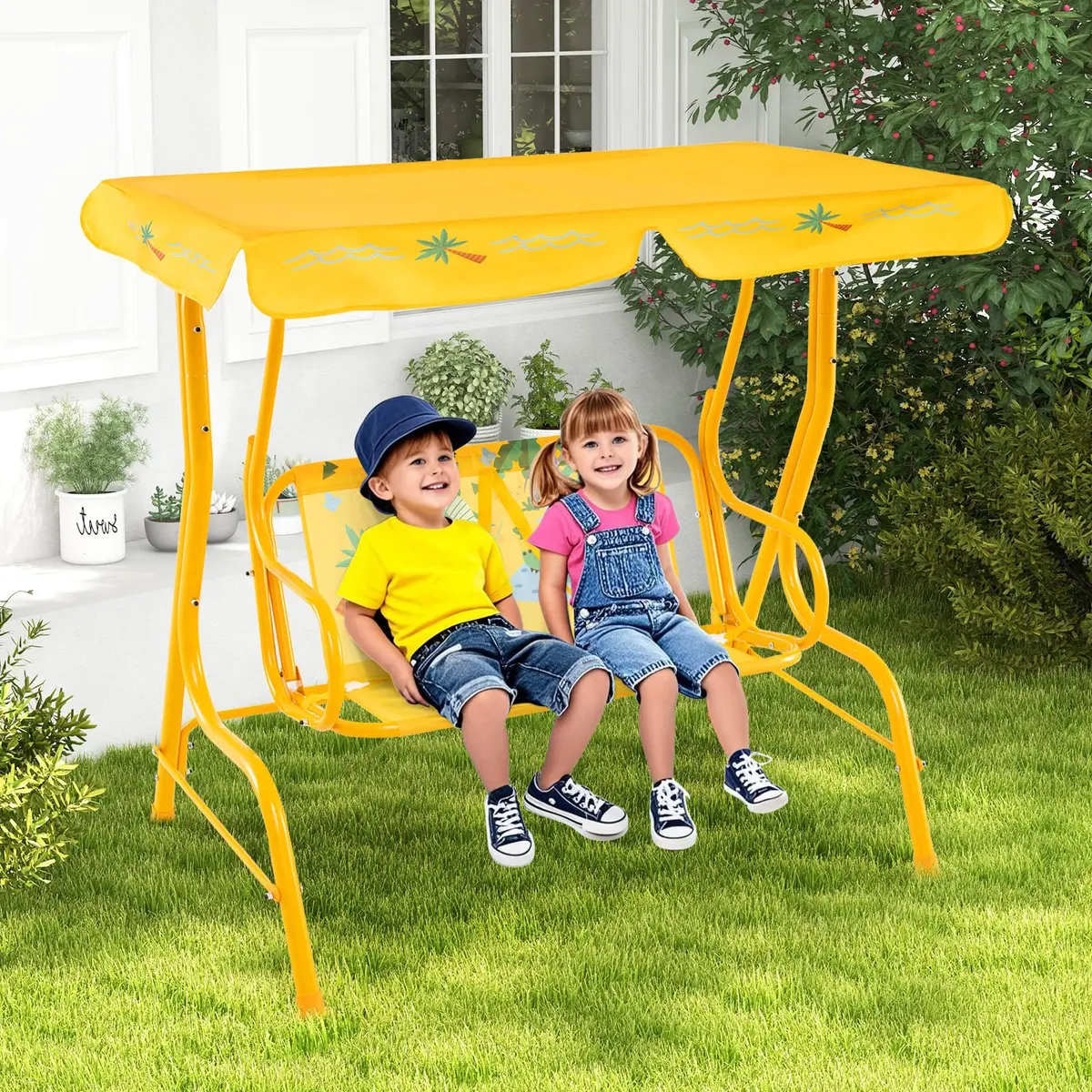 HONEY JOY Kids Patio Swing 2-Seater Adjustable Canopy Waterproof | Safe & All Weather - view 8