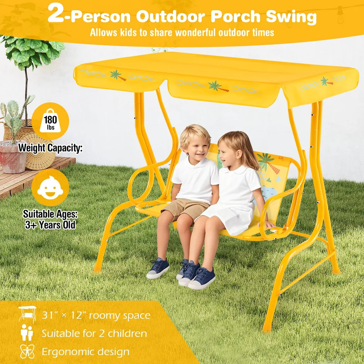 HONEY JOY Kids Patio Swing 2-Seater Adjustable Canopy Waterproof | Safe & All Weather - view 3