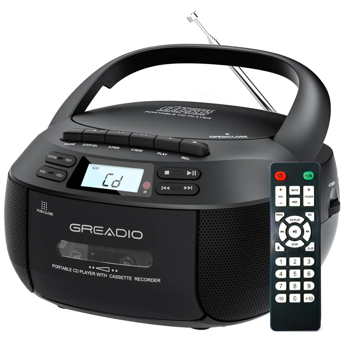 Greadio Boombox CD and Cassette Player Combo with Bluetooth 5.1, AM/FM Radio, USB, AUX, Remote Control, AC/Battery Operated, 1.5 kg (3.3 lb) - Black - main product image