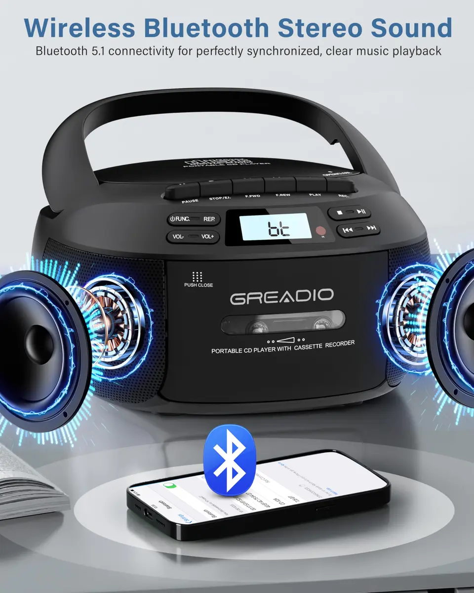 Greadio Boombox CD and Cassette Player Combo with Bluetooth 5.1, AM/FM Radio, USB, AUX, Remote Control, AC/Battery Operated, 1.5 kg (3.3 lb) - Black - view 5