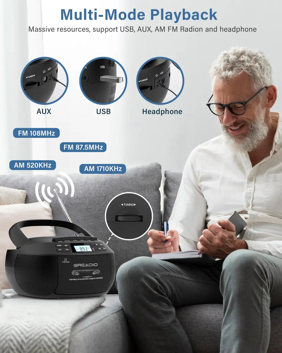 Greadio Boombox CD and Cassette Player Combo with Bluetooth 5.1, AM/FM Radio, USB, AUX, Remote Control, AC/Battery Operated, 1.5 kg (3.3 lb) - Black - view 6