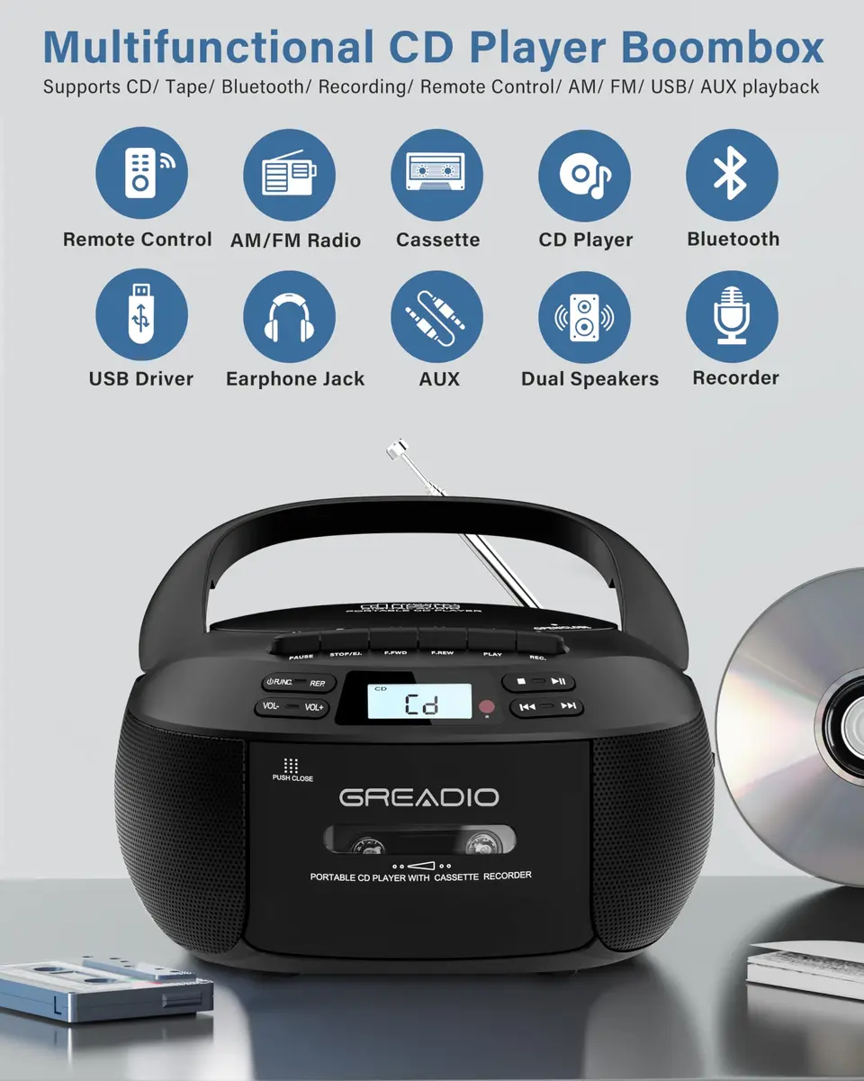 Greadio Boombox CD and Cassette Player Combo with Bluetooth 5.1, AM/FM Radio, USB, AUX, Remote Control, AC/Battery Operated, 1.5 kg (3.3 lb) - Black - view 2