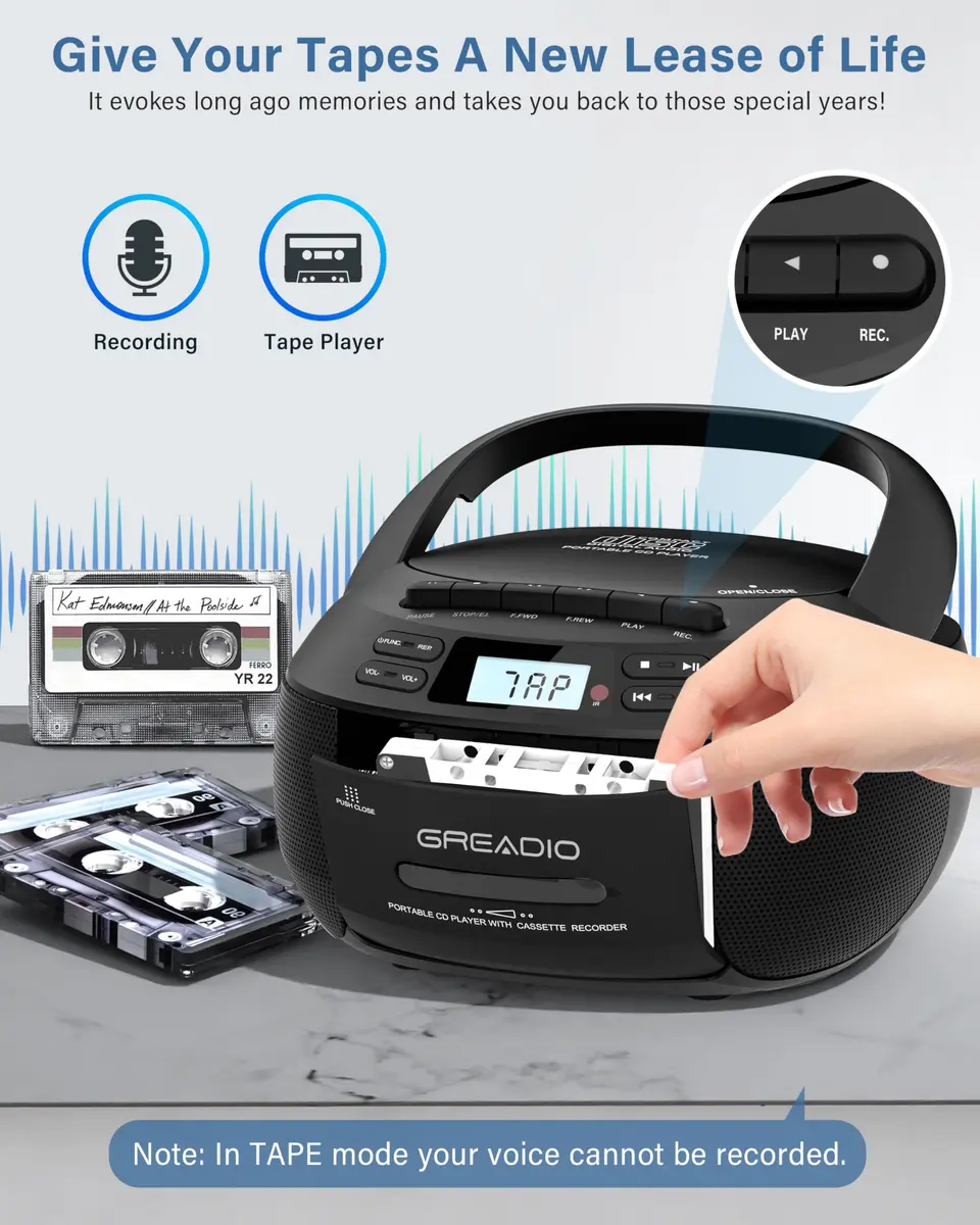 Greadio Boombox CD and Cassette Player Combo with Bluetooth 5.1, AM/FM Radio, USB, AUX, Remote Control, AC/Battery Operated, 1.5 kg (3.3 lb) - Black - view 4