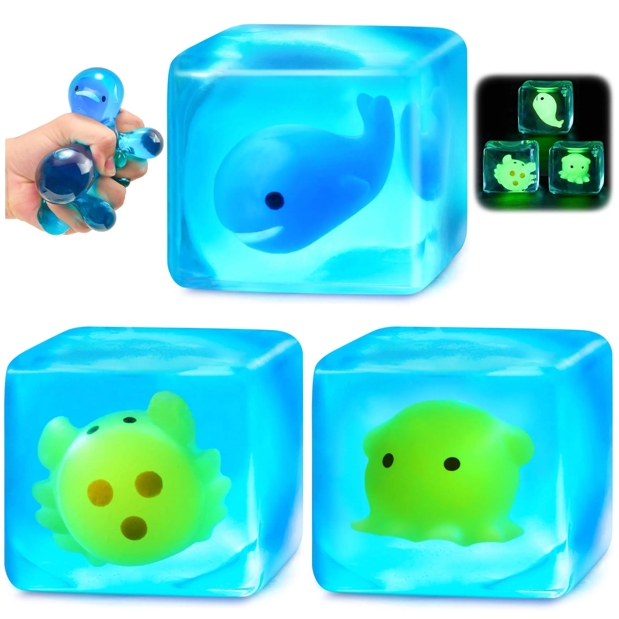 Meijoy Glow in The Dark Squishy Stress Cube with Mochi Animals, Ice-Shaped Exterior, 5.5cm (2.17") | Safe Non-Toxic BPA-Free Sensory Toy - main product image
