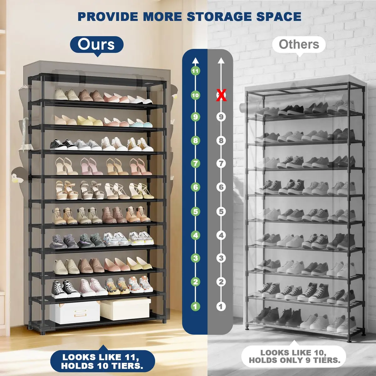 Mavivegue Shoe Rack with Cover 10+1 Tier Tall Shoe Storage for 50-55 Pairs | Space-Saving Entryway Organizer - view 4
