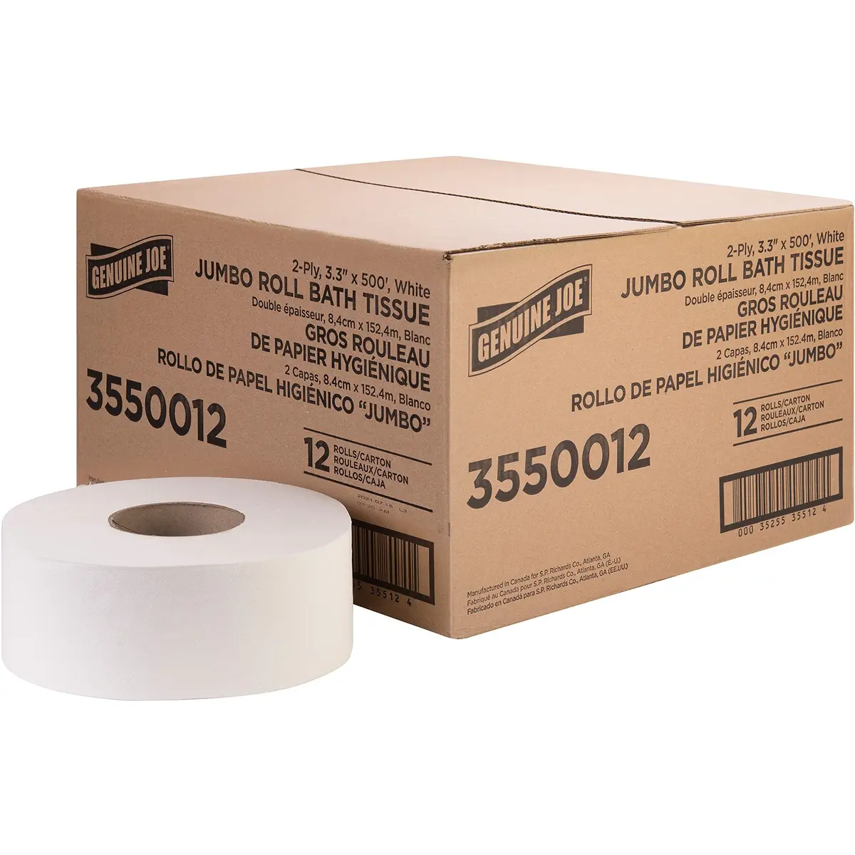 Genuine Joe Jumbo Roll Bath Tissue, 2-Ply, 3.3" x 500', White, 12 Count | Recycled, Septic Safe - main product image