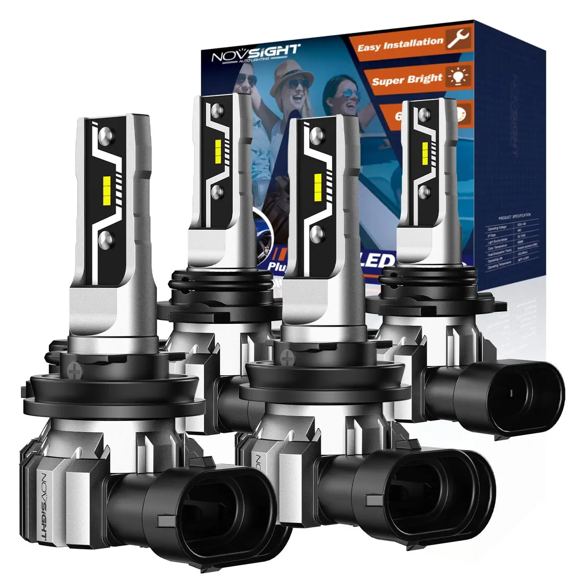 NOVSIGHT H11 9005 LED Fog Light Bulbs | 50,000 Lumens, 6500K White, Fanless, Plug & Play, Pack of 4 - main product image