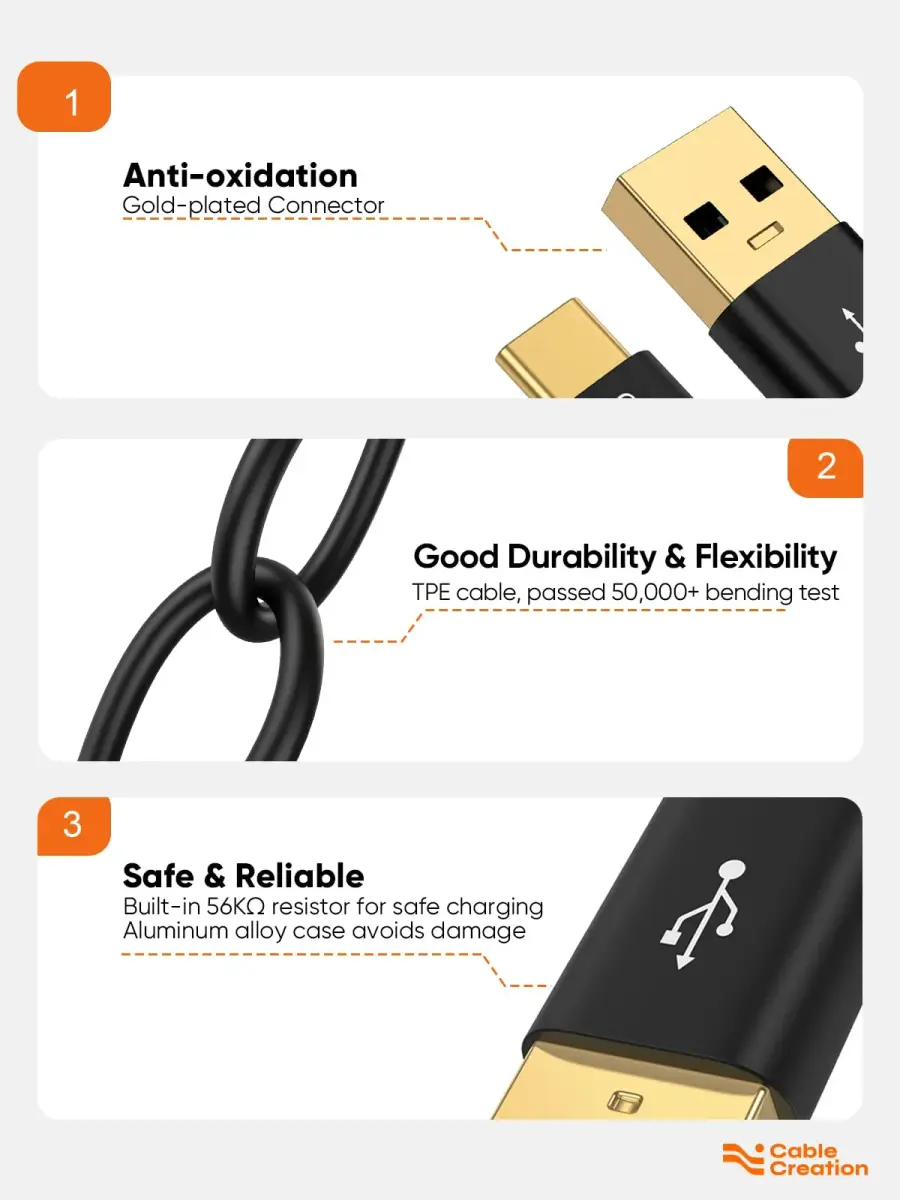 CableCreation 3FT USB C to USB A Cable - Dark Black, 10Gbps Data Transfer & 60W Charging - view 4