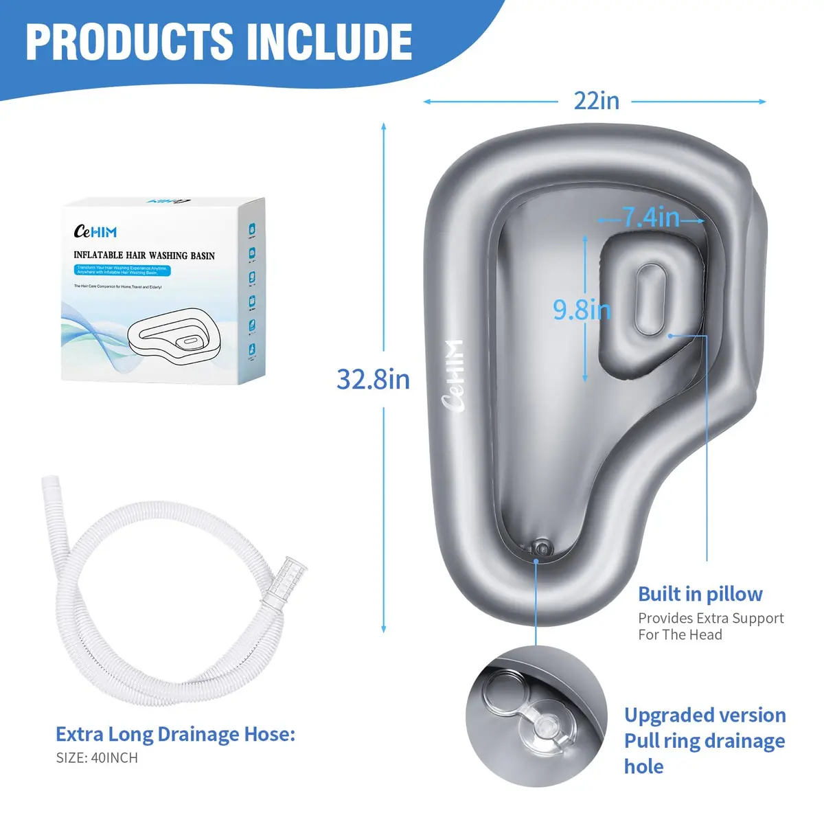 Cehim Inflatable Shampoo Basin for Elderly Bedside Hair Washing | Portable, Leak-Proof, Quick Inflatable (32.8 x 22 x 7.08 inches) - view 5
