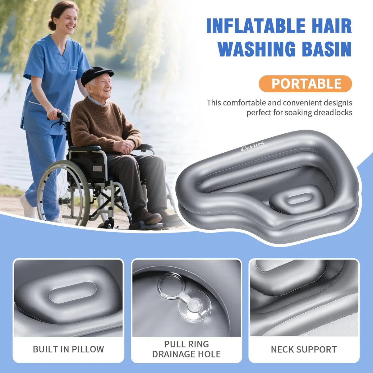 Cehim Inflatable Shampoo Basin for Elderly Bedside Hair Washing | Portable, Leak-Proof, Quick Inflatable (32.8 x 22 x 7.08 inches) - view 3
