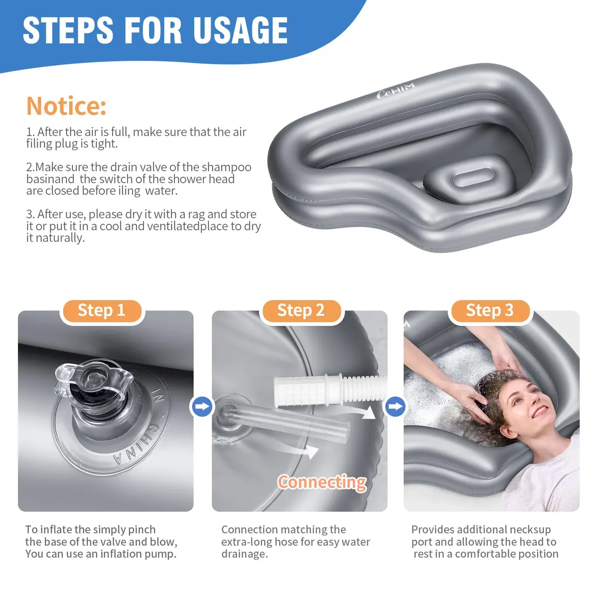 Cehim Inflatable Shampoo Basin for Elderly Bedside Hair Washing | Portable, Leak-Proof, Quick Inflatable (32.8 x 22 x 7.08 inches) - view 4
