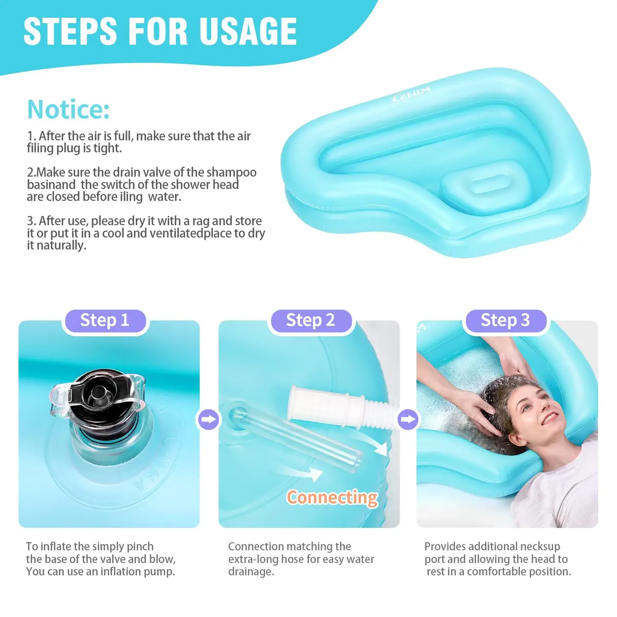 Cehim Inflatable Shampoo Basin for Elderly Bedside Hair Washing | Portable, Leak-Proof, Quick Inflation - view 4