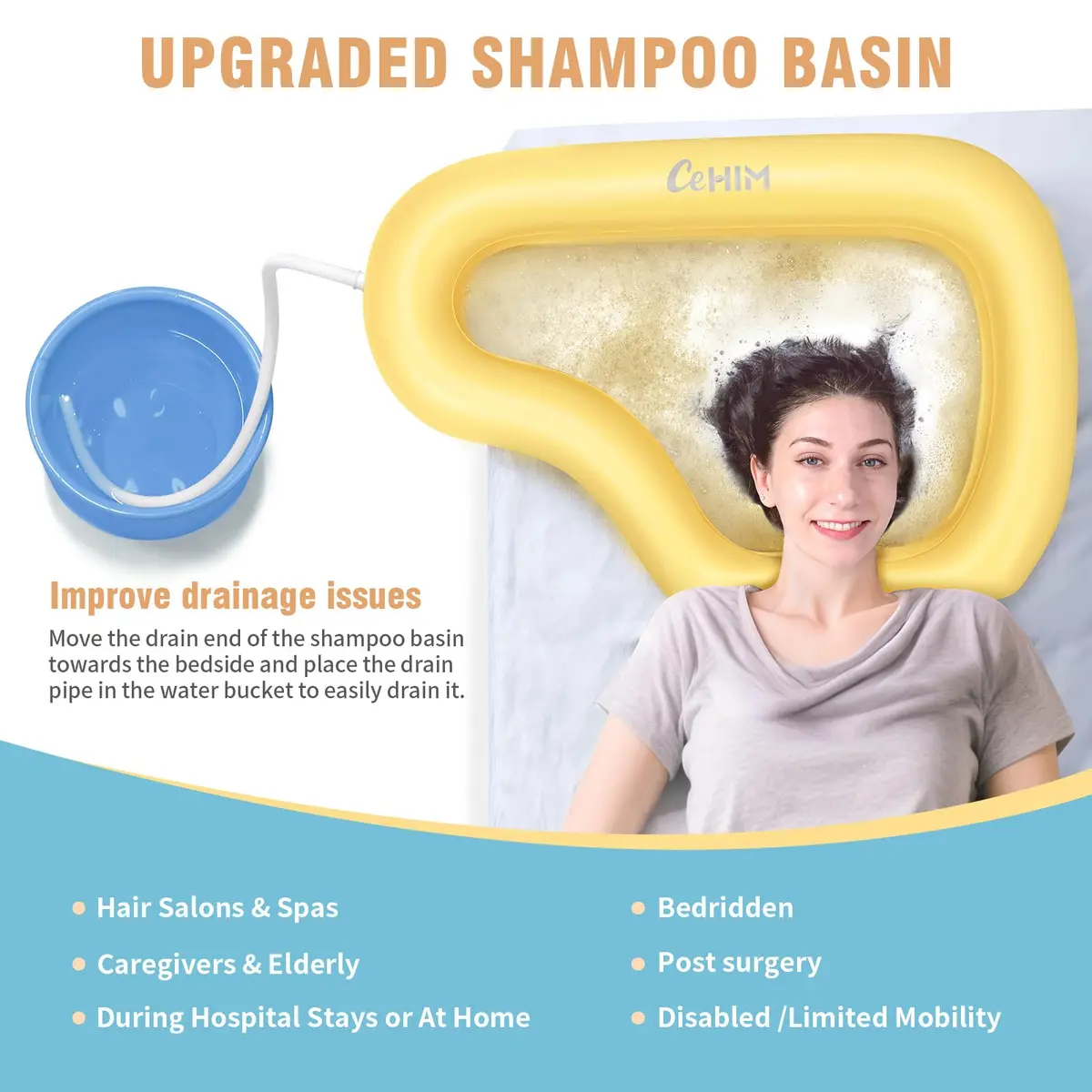Cehim Inflatable Portable Shampoo Bowl with Drain Hose | Bedside Hair Wash Solution for Elderly & Disabled - view 2