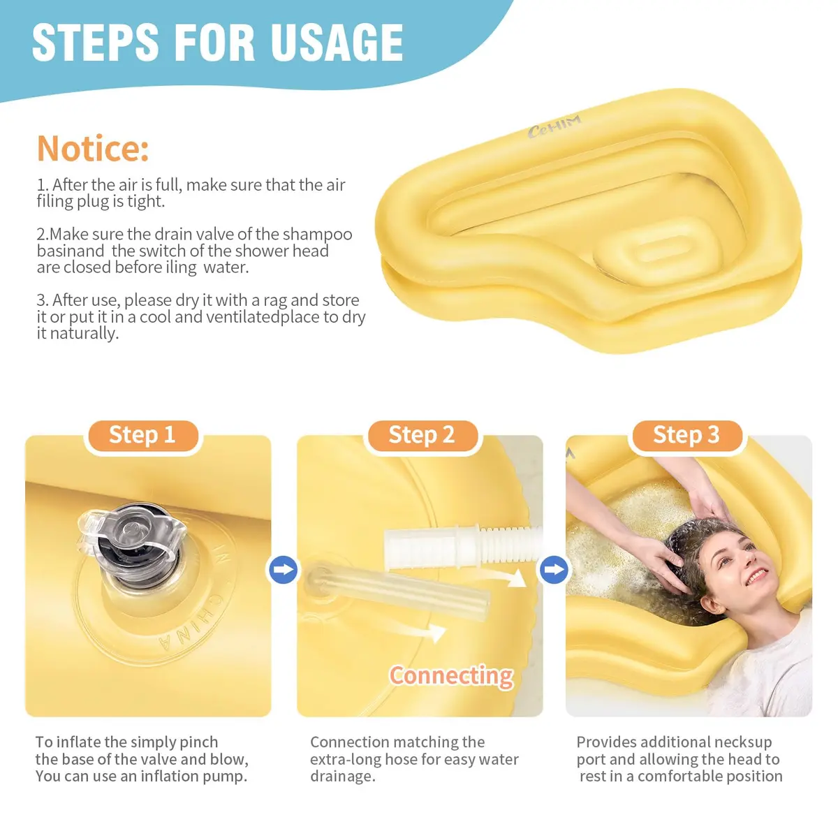 Cehim Inflatable Portable Shampoo Bowl with Drain Hose | Bedside Hair Wash Solution for Elderly & Disabled - view 3