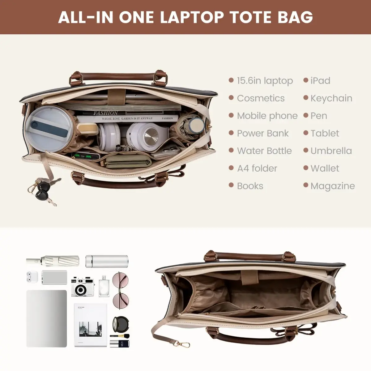 LOVEVOOK Laptop Tote Bag for Women, Black-White-Brown-UP, 42cm (16.9") | Water-Resistant Work Bag with Organizer - view 4