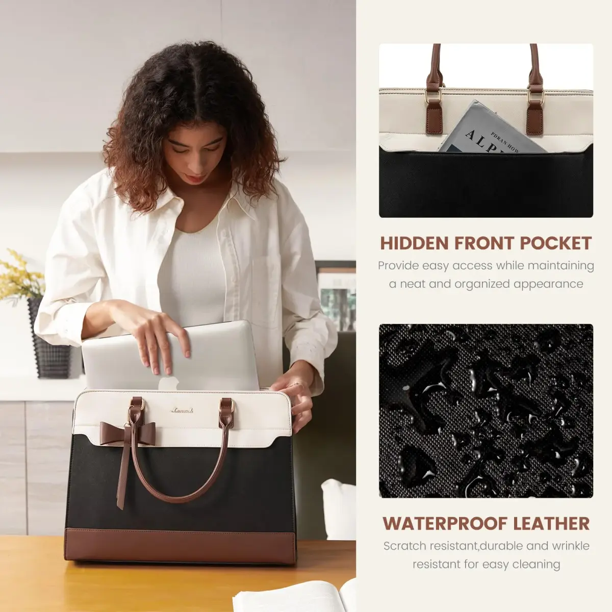 LOVEVOOK Laptop Tote Bag for Women, Black-White-Brown-UP, 42cm (16.9") | Water-Resistant Work Bag with Organizer - view 5