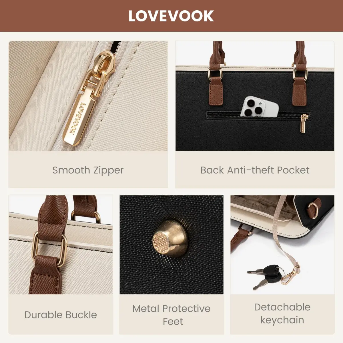 LOVEVOOK Laptop Tote Bag for Women, Black-White-Brown-UP, 42cm (16.9") | Water-Resistant Work Bag with Organizer - view 6