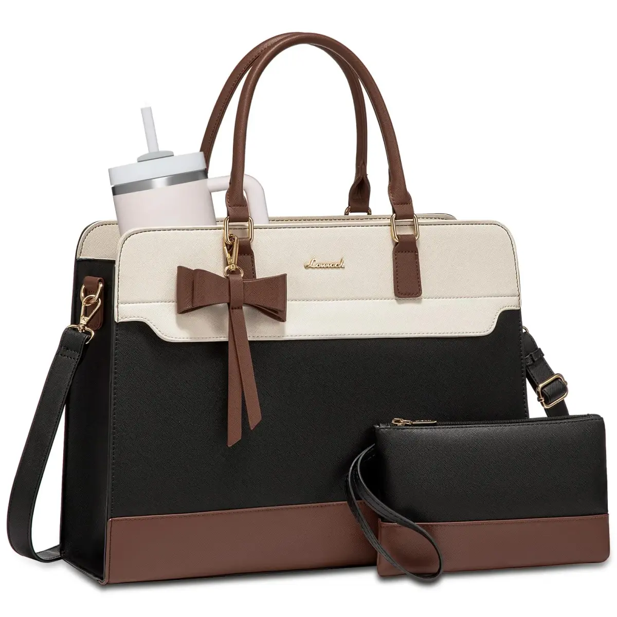 LOVEVOOK Laptop Tote Bag for Women, Black-White-Brown-UP, 42cm (16.9") | Water-Resistant Work Bag with Organizer - main product image
