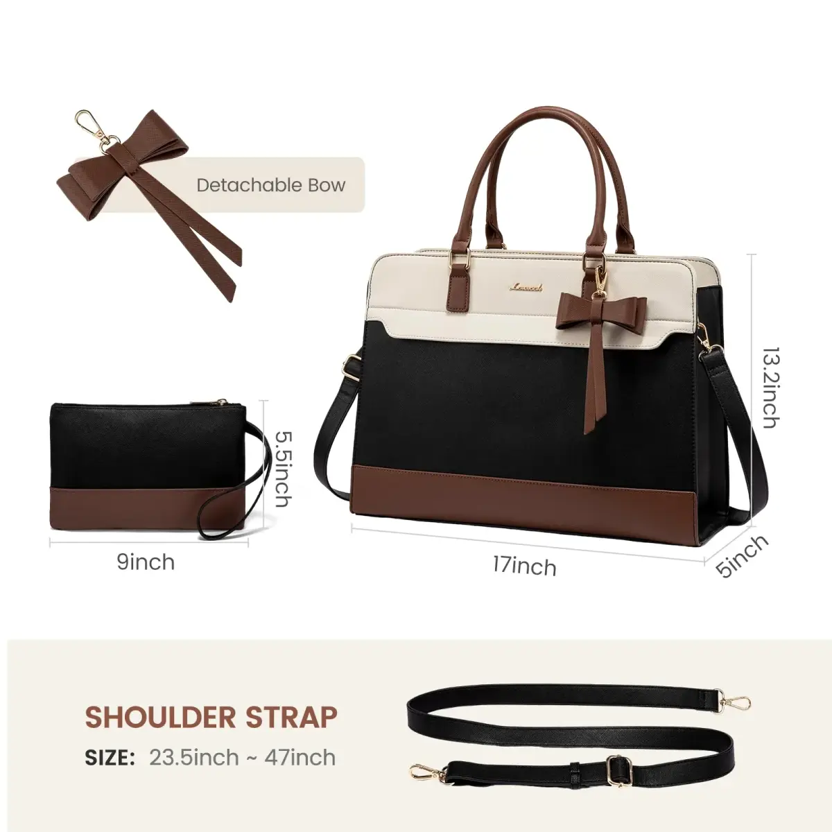 LOVEVOOK Laptop Tote Bag for Women, Black-White-Brown-UP, 42cm (16.9") | Water-Resistant Work Bag with Organizer - view 8