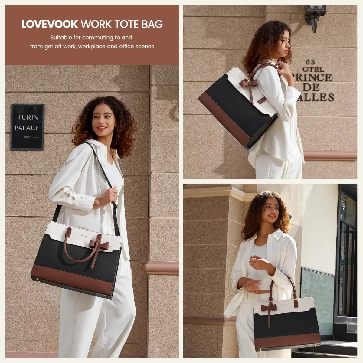 LOVEVOOK Laptop Tote Bag for Women, Black-White-Brown-UP, 42cm (16.9") | Water-Resistant Work Bag with Organizer - view 2