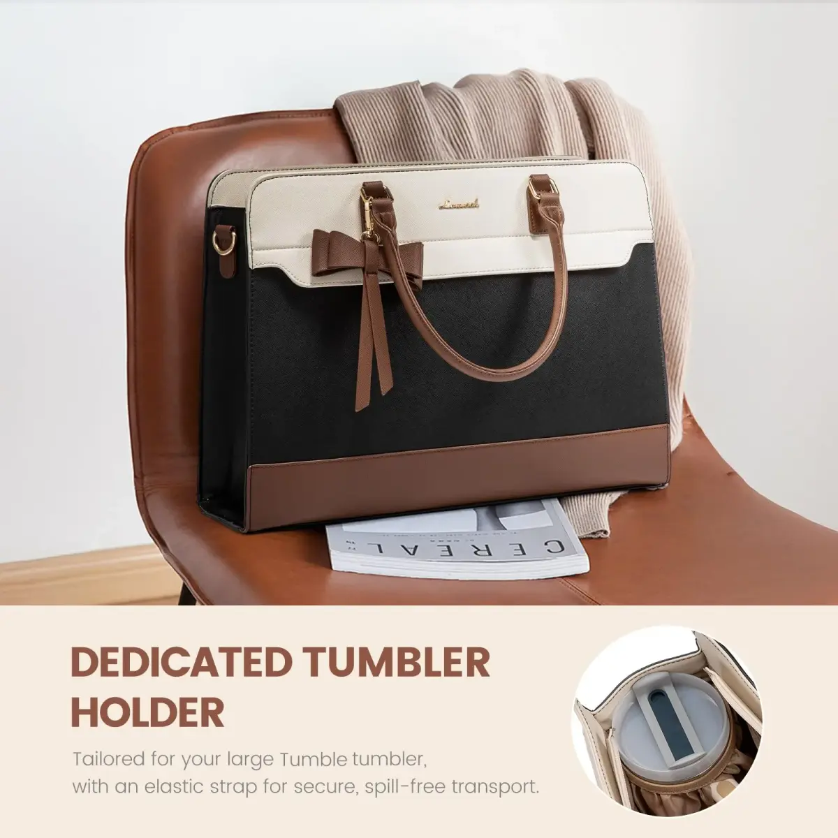 LOVEVOOK Laptop Tote Bag for Women, Black-White-Brown-UP, 42cm (16.9") | Water-Resistant Work Bag with Organizer - view 3