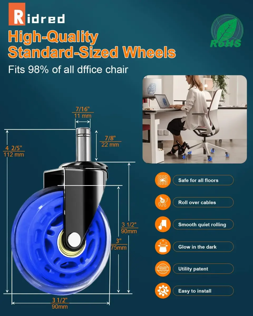 RidRed Heavy Duty Office Chair Wheels - 5-Pack Blue Rollerblade Casters | Smooth Rolling, Floor Safe, 650lb Capacity - view 9