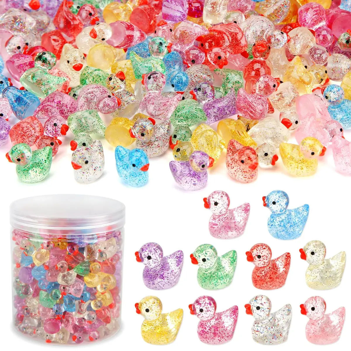 GWAHSA Glitter Mini Resin Ducks 240 Pcs (0.6 inch / 1.5 cm) | Tiny Small Plastic Ducks Figures for Dollhouse Decor - main product image