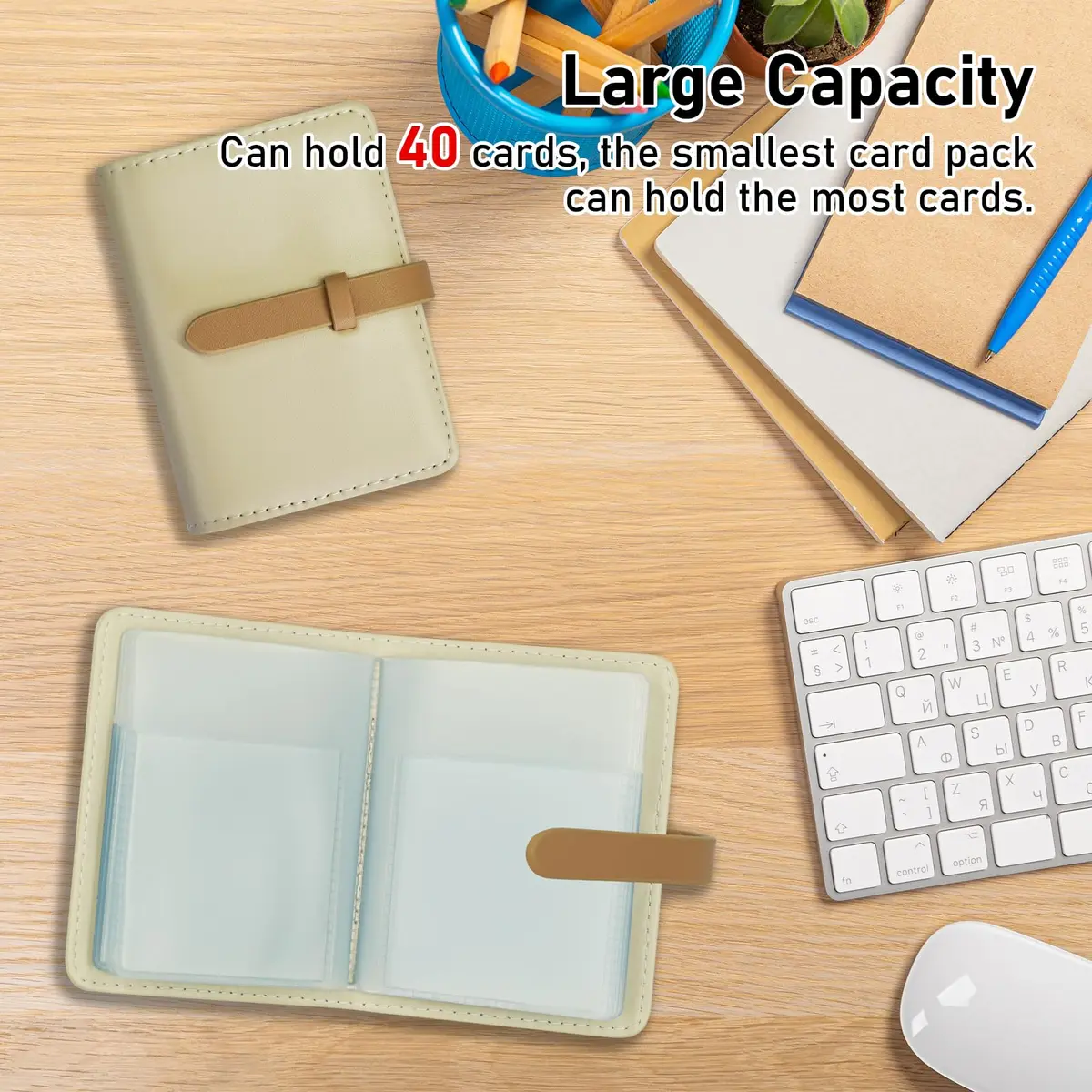 FORYEE 40-Slot PU Leather Credit Card Holder Wallet | Slim Business Card Case Organizer (Beige White) - view 6