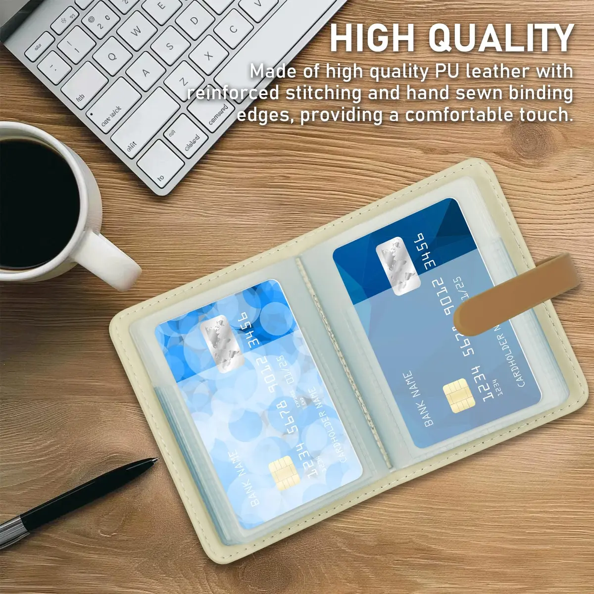 FORYEE 40-Slot PU Leather Credit Card Holder Wallet | Slim Business Card Case Organizer (Beige White) - view 2