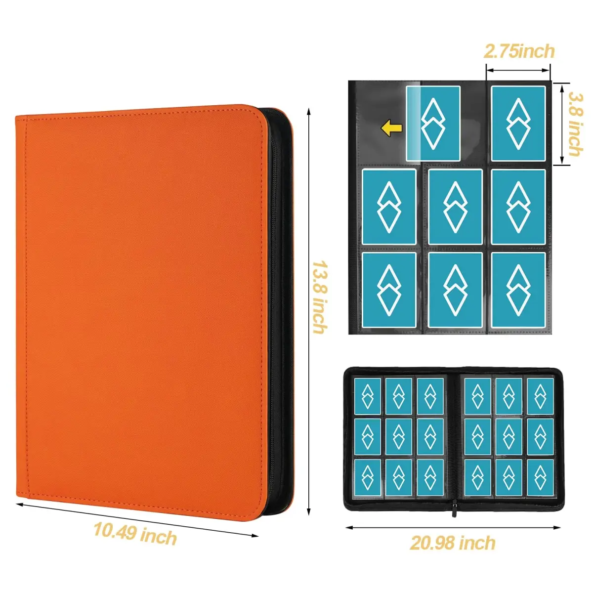 GERMUN 360 Card Ringless Binder, PU Zipper Fixed Page Album for TCG Sports Cards (Orange, 20 Pages) - main product image