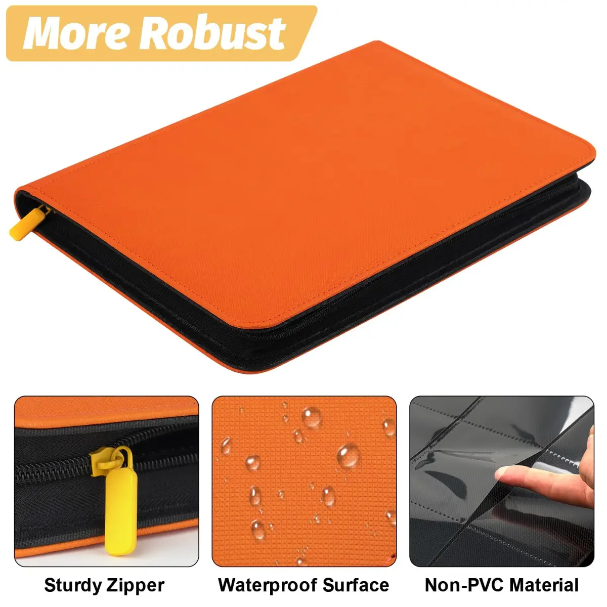 GERMUN 360 Card Ringless Binder, PU Zipper Fixed Page Album for TCG Sports Cards (Orange, 20 Pages) - view 2