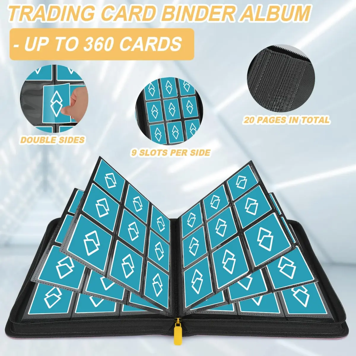 GERMUN 360 Card Ringless Binder, PU Zipper Fixed Page Album for TCG Sports Cards (Orange, 20 Pages) - view 4