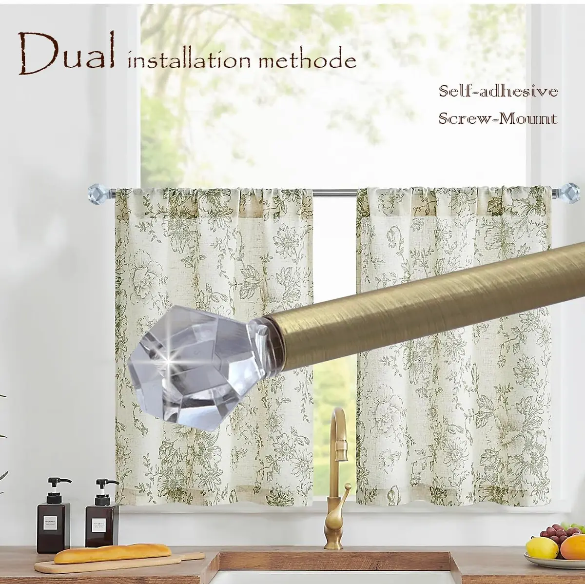 ARNORX 3/8" Sash Curtain Rods with Clear Crystal Ball Finials, 16-28 Inch Adjustable | Elegant Brass Brushed Finish for French Doors & Windows - view 5