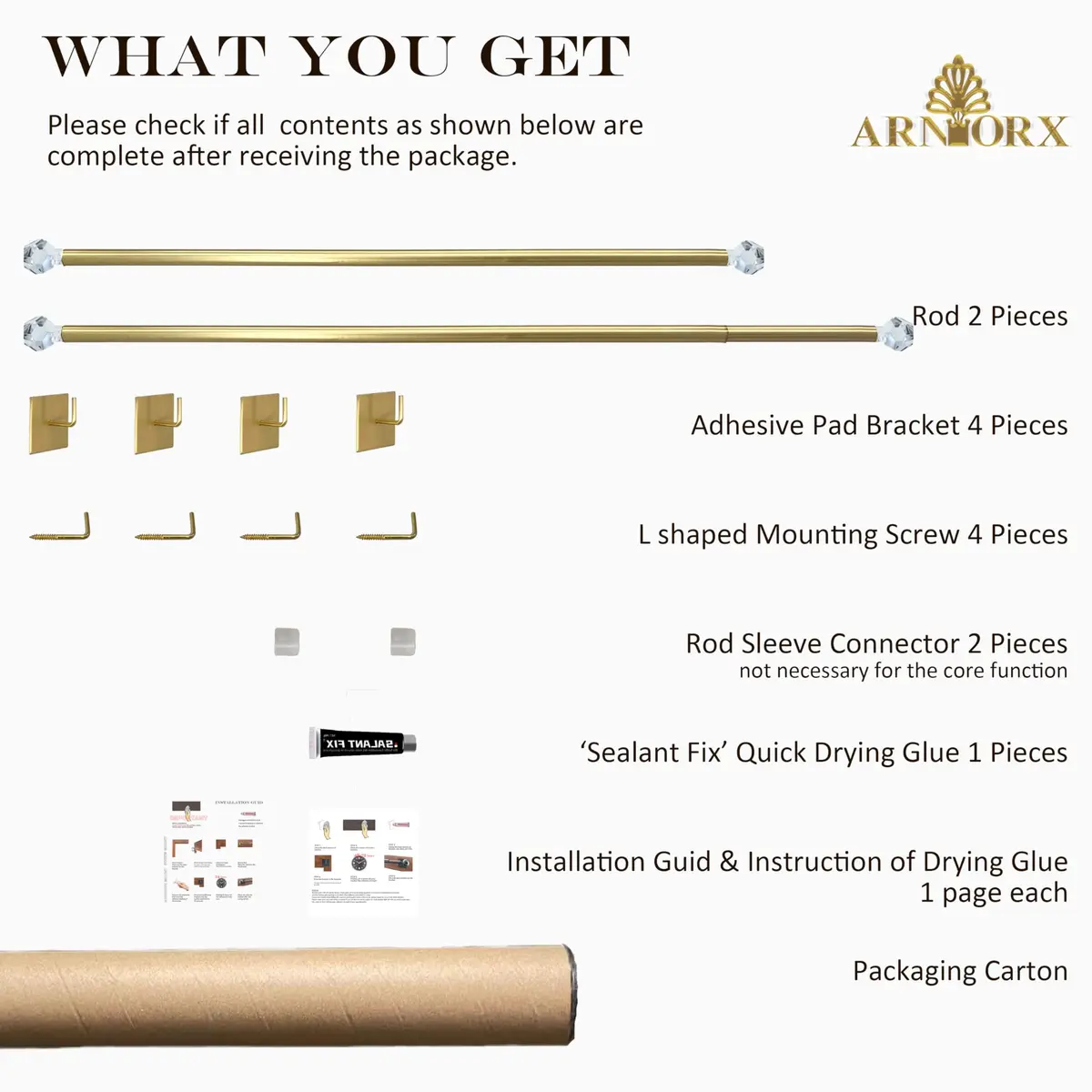 ARNORX 3/8" Sash Curtain Rods with Clear Crystal Ball Finials, 16-28 Inch Adjustable | Elegant Brass Brushed Finish for French Doors & Windows - view 7