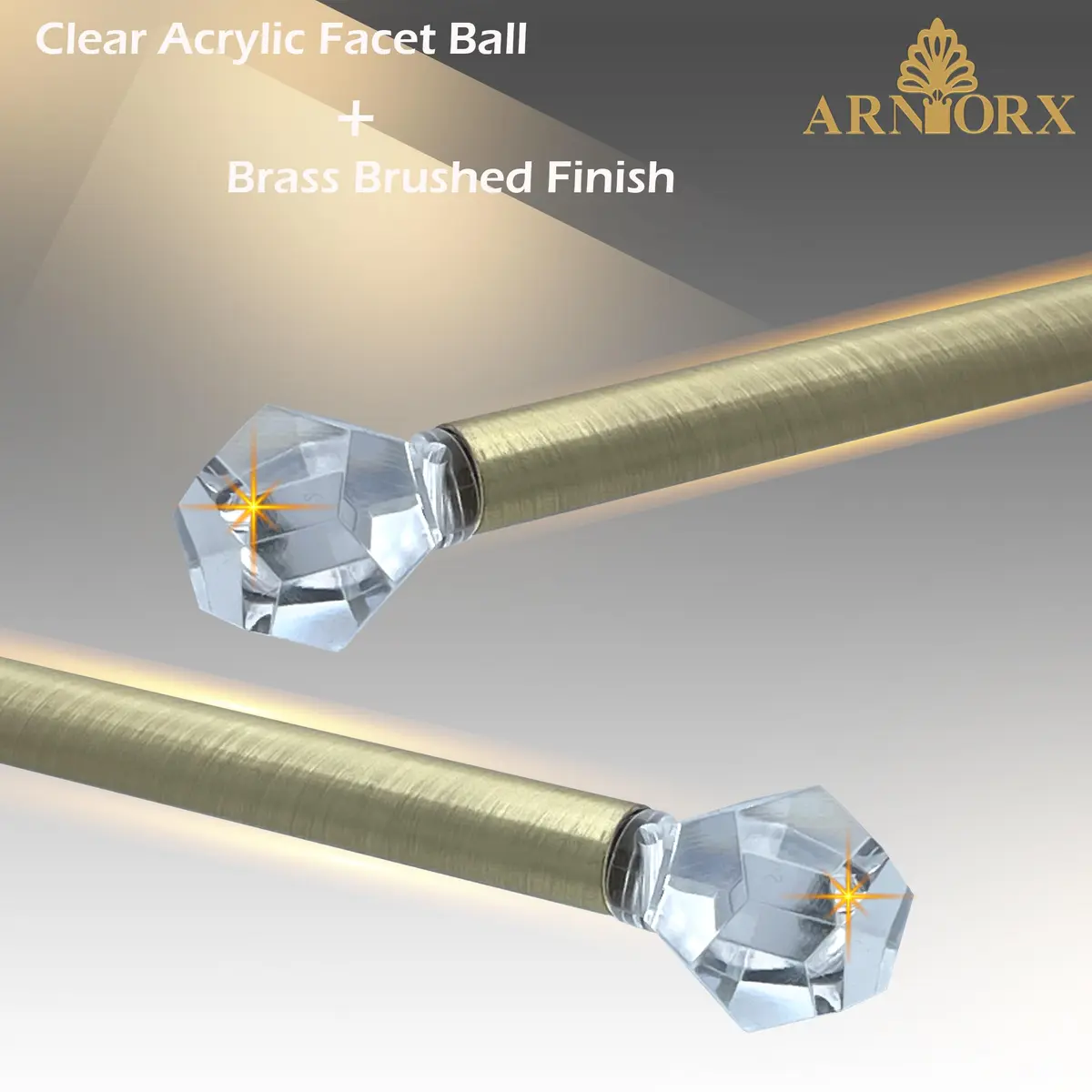 ARNORX 3/8" Sash Curtain Rods with Clear Crystal Ball Finials, 16-28 Inch Adjustable | Elegant Brass Brushed Finish for French Doors & Windows - view 2