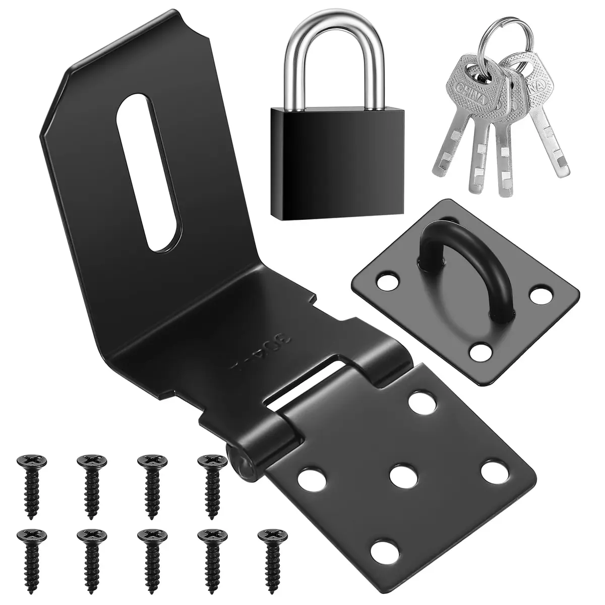 qiwuhai 4 Inch 90° Stainless Steel Padlock Hasp Latch Set with Padlock & Keys | Heavy Duty Security for Doors & Gates - main product image