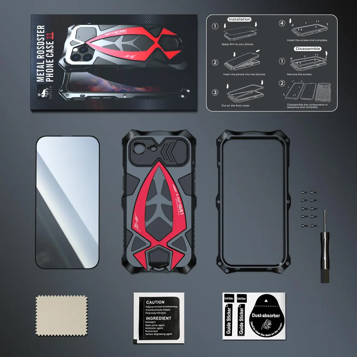 Lunivop iPhone 17e / 16e Heavy Duty Metal Case Black Red | 6.1'' Full-Body Armor - view 6