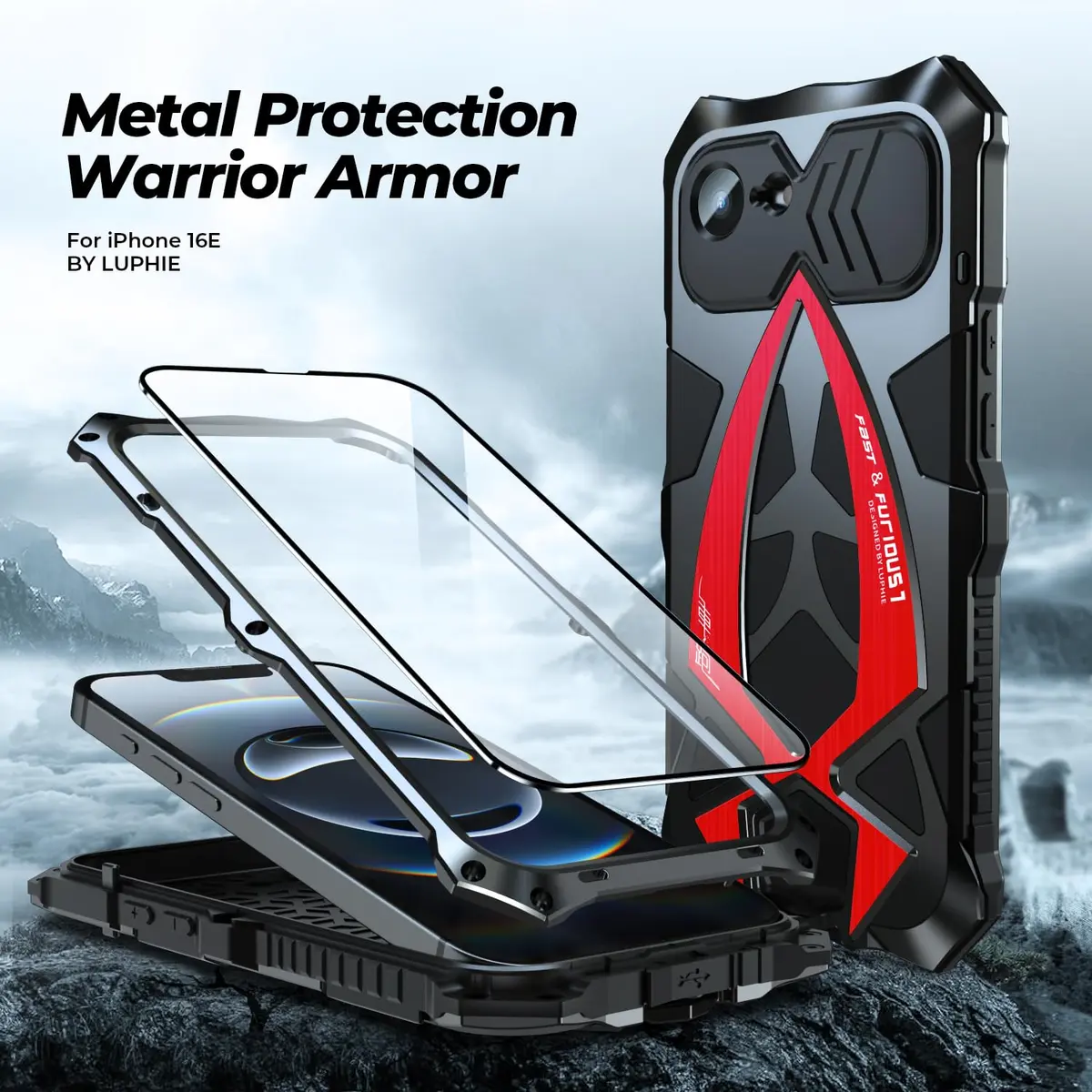 Lunivop iPhone 17e / 16e Heavy Duty Metal Case Black Red | 6.1'' Full-Body Armor - view 2