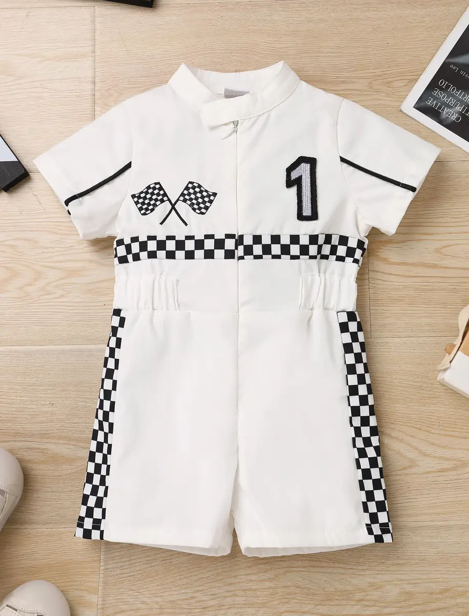 IWEMEK Baby Boy Race Car Driver Outfit 1st Birthday Romper | White-1Y (9-12 Months) - view 2