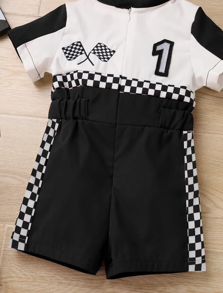 IWEMEK Baby Boy Race Car Driver Outfit 1st Birthday Party Fast One Birthday Outfit Kids Race Car Driver Romper Girls Boys Racer Jumpsuit Toddler Speed Racing Suit Black 9-12 Months - view 4