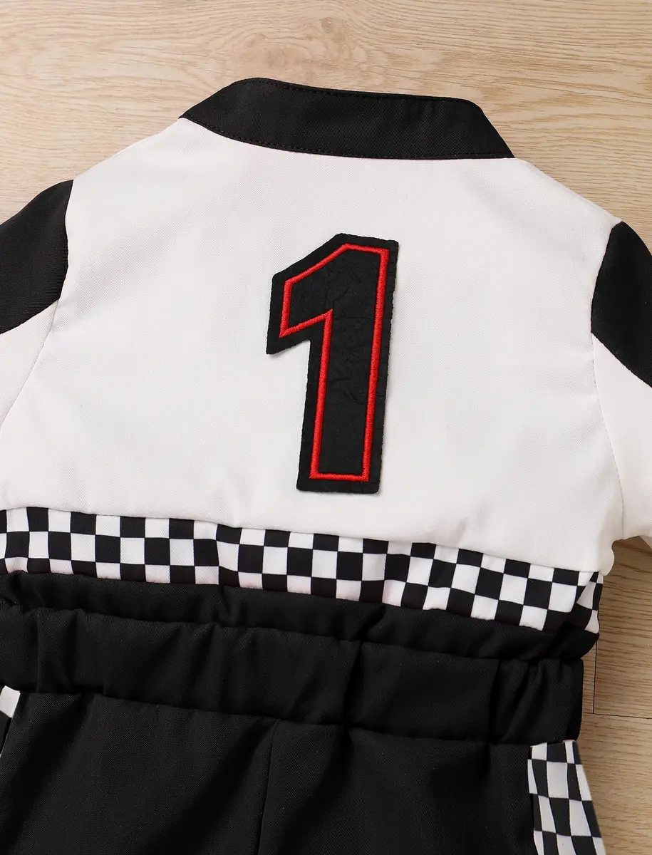 IWEMEK Baby Boy Race Car Driver Outfit 1st Birthday Party Fast One Birthday Outfit Kids Race Car Driver Romper Girls Boys Racer Jumpsuit Toddler Speed Racing Suit Black 9-12 Months - view 5