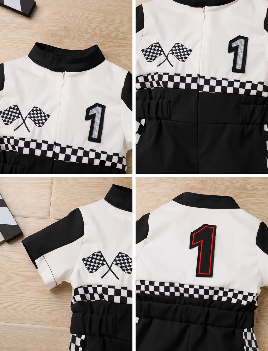 IWEMEK Baby Boy Race Car Driver Outfit 1st Birthday Party Fast One Birthday Outfit Kids Race Car Driver Romper Girls Boys Racer Jumpsuit Toddler Speed Racing Suit Black 9-12 Months - view 6