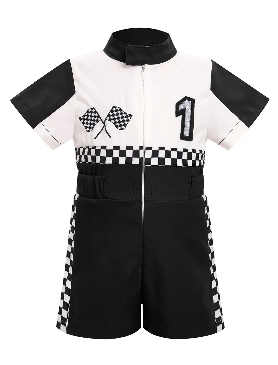 IWEMEK Baby Boy Race Car Driver Outfit 1st Birthday Party Fast One Birthday Outfit Kids Race Car Driver Romper Girls Boys Racer Jumpsuit Toddler Speed Racing Suit Black 9-12 Months - main product image