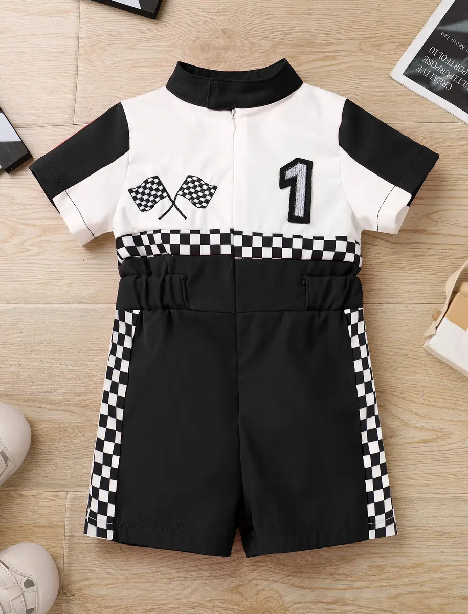 IWEMEK Baby Boy Race Car Driver Outfit 1st Birthday Party Fast One Birthday Outfit Kids Race Car Driver Romper Girls Boys Racer Jumpsuit Toddler Speed Racing Suit Black 9-12 Months - view 2