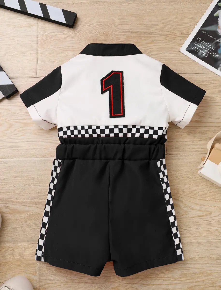 IWEMEK Baby Boy Race Car Driver Outfit 1st Birthday Party Fast One Birthday Outfit Kids Race Car Driver Romper Girls Boys Racer Jumpsuit Toddler Speed Racing Suit Black 9-12 Months - view 3