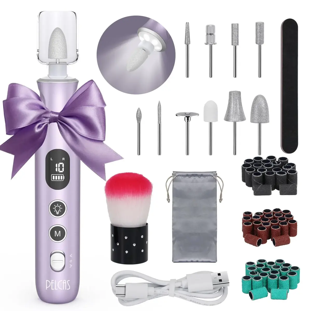 PELCAS Cordless Electric Nail Drill with LED Light, 10 Speeds & LCD Screen, Portable Manicure & Pedicure Kit (Purple, 5-Hour Battery) - main product image