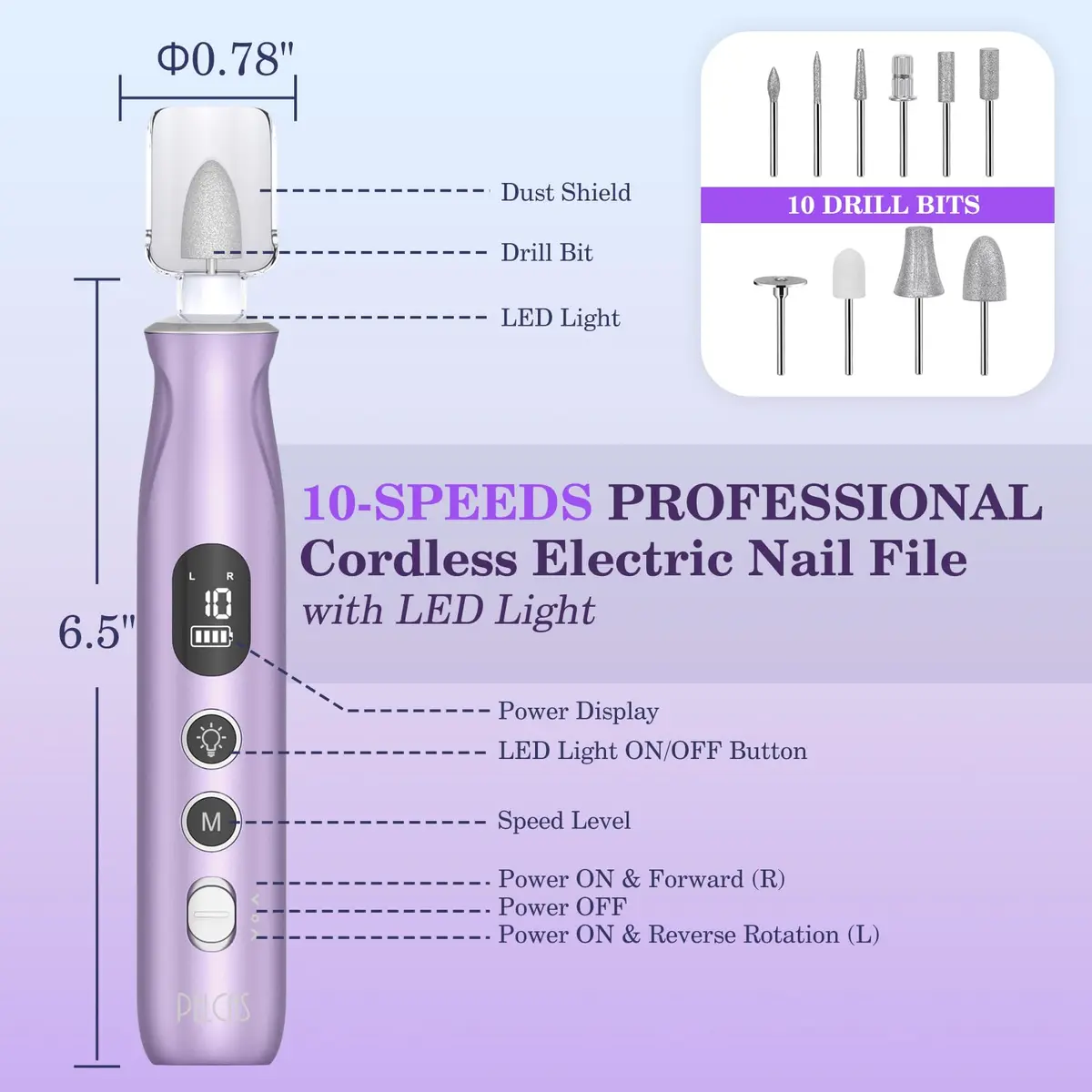PELCAS Cordless Electric Nail Drill Purple 16.51cm (6.5") | 10-Speed Portable Manicure & Pedicure Kit with LED Light - view 5