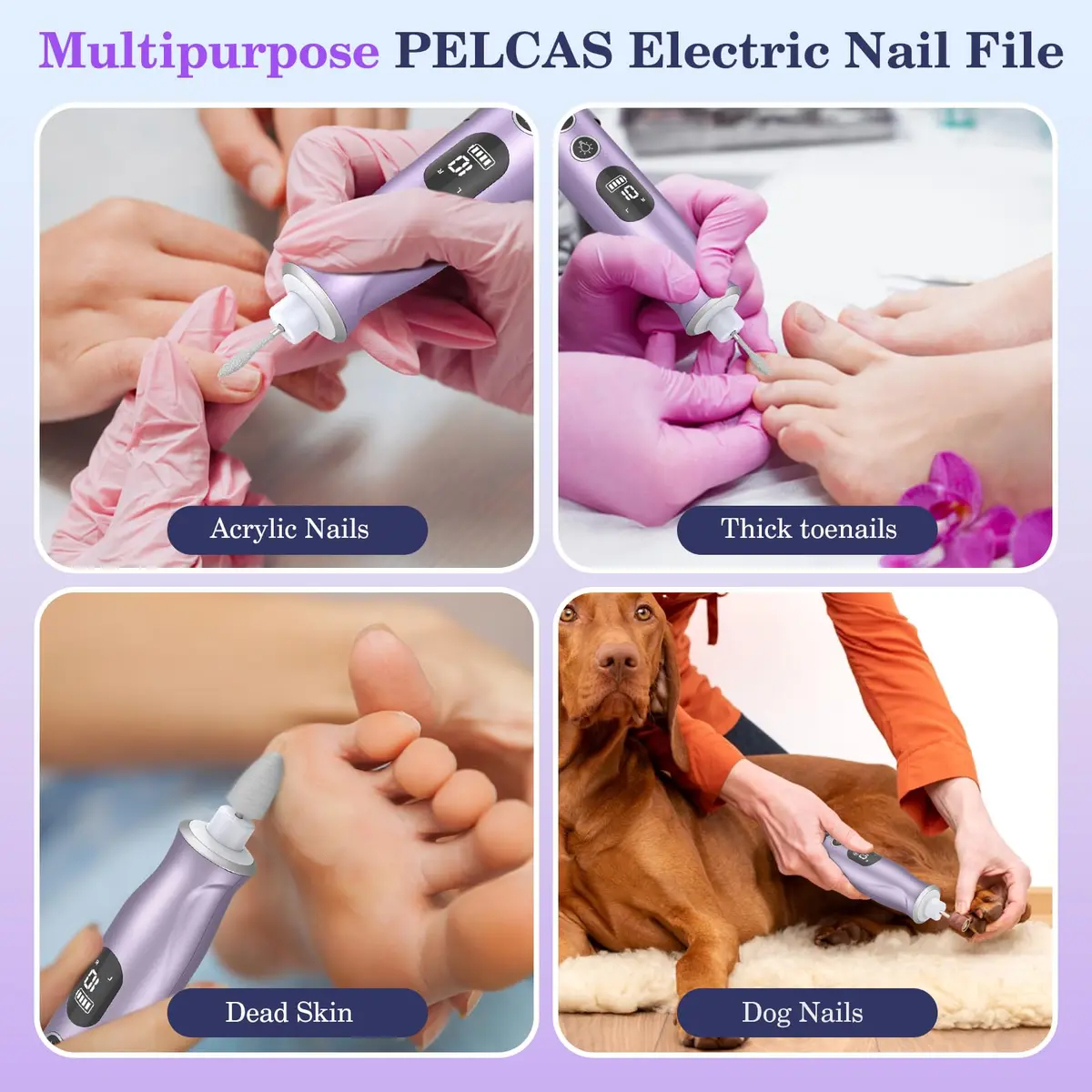 PELCAS Cordless Electric Nail Drill Purple 16.51cm (6.5") | 10-Speed Portable Manicure & Pedicure Kit with LED Light - view 6