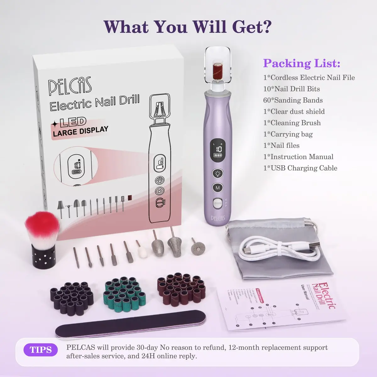 PELCAS Cordless Electric Nail Drill Purple 16.51cm (6.5") | 10-Speed Portable Manicure & Pedicure Kit with LED Light - view 7
