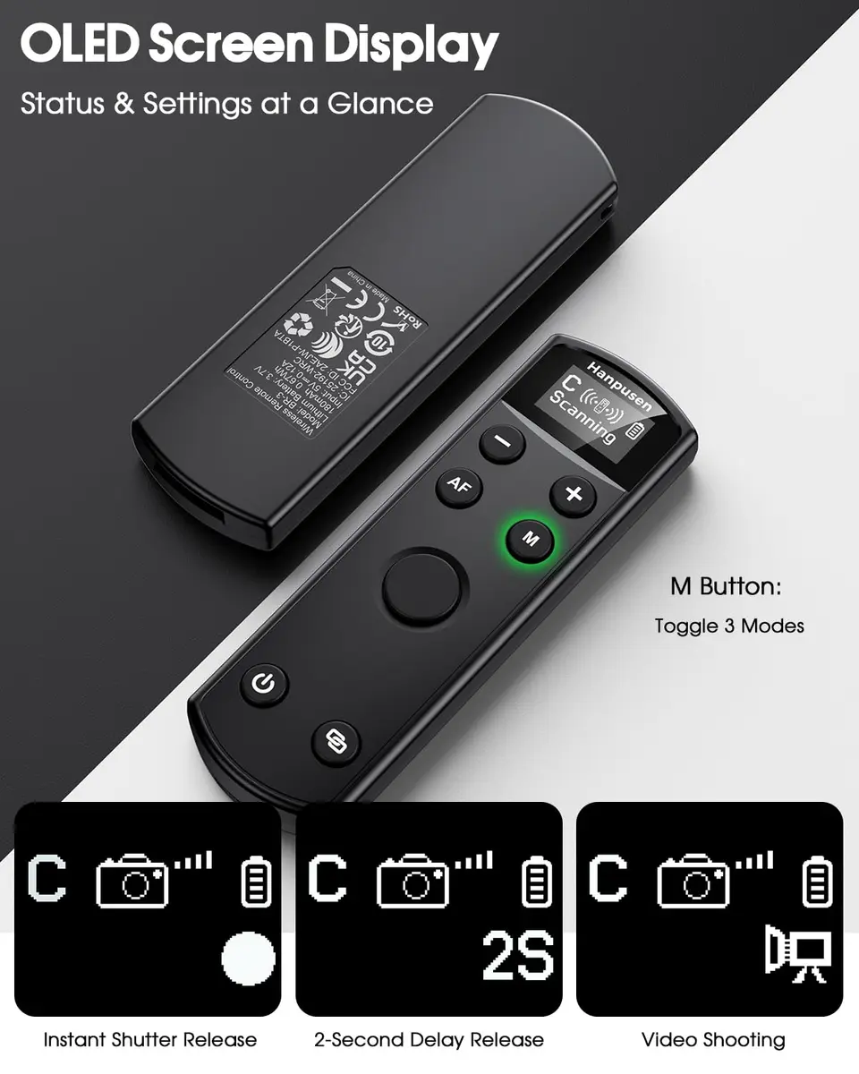Hanpusen Rechargeable Wireless Shutter Release Remote for Canon Cameras with OLED Screen | 10m (32.8ft) Range - view 6